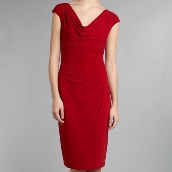 Lauren by Ralph Lauren Red Cap Sleeve Drape Neck Sheath Cocktail Dress Size 6 - Picture 2 of 13